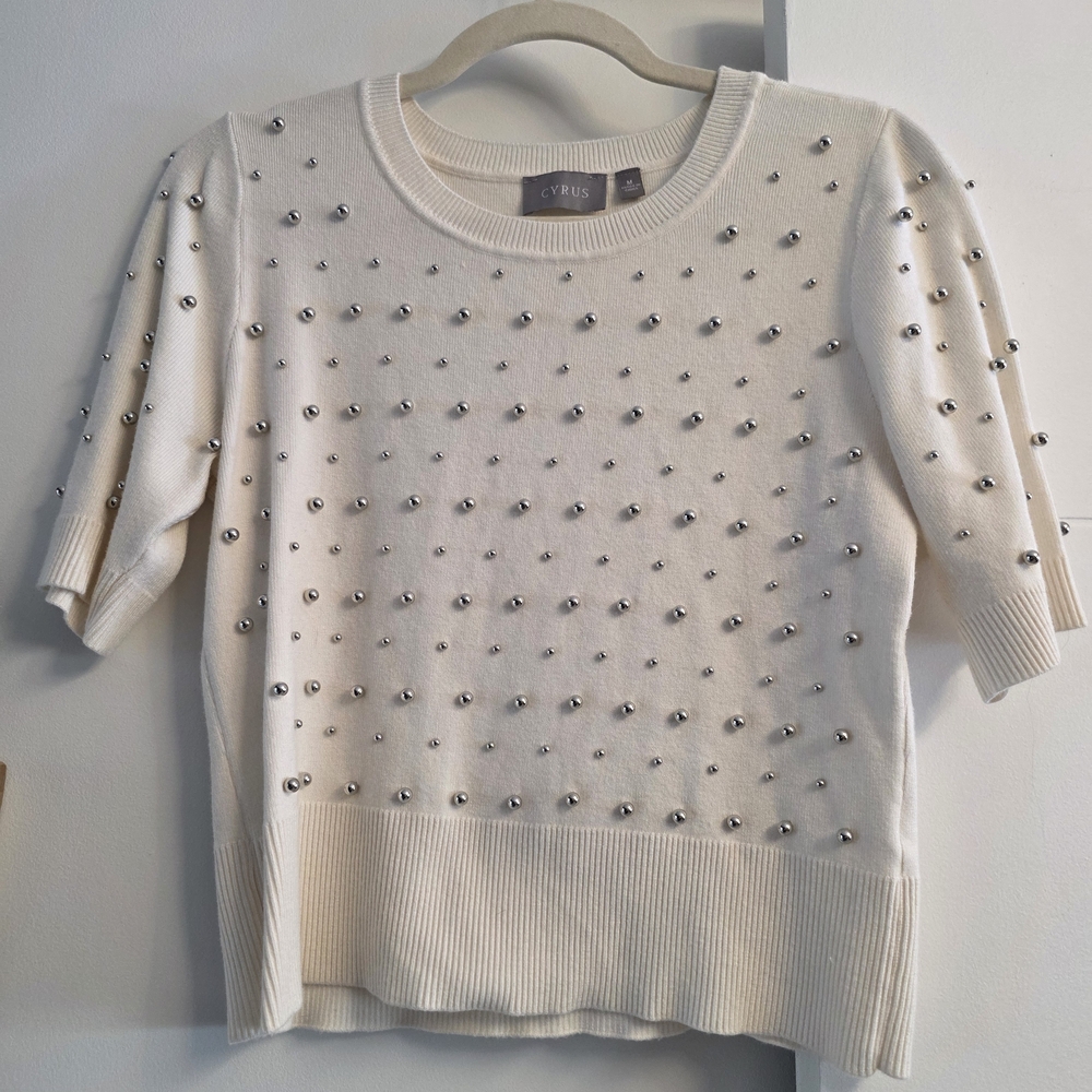 Cyrus Ivory Studded Short-Sleeve Sweater
